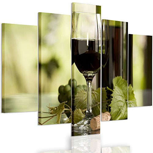 Feeby. Leinwandbild - 5 Teile - Bilder, Wand Bild, Wandbilder, Kunstdruck XXL, 5-Teilig, Typ A, 100x70 cm, STILLEBEN, NATUR, KÜCHE, WEIN, GLAS, KORK, TRAUBE BLÄTTER, GRÜN, ROT