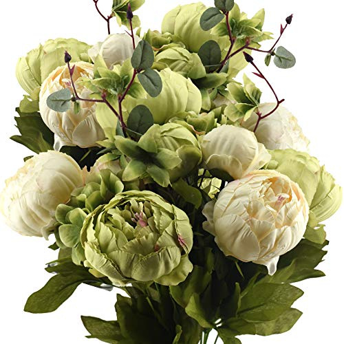 FiveSeasonStuff Cream Beige & Moss Green Artificial Peony Bouquet Set of 2