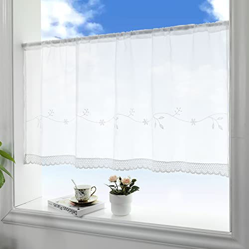 choicehot Vintage Häkel Vorhang Transparente Spitze Scheibengardine Landhausstil Polyester Kurzstore Weiß Retro Chic Bistrogardine Stickereien Fensterdekoration 60×120cm(H×B), 1 Stück