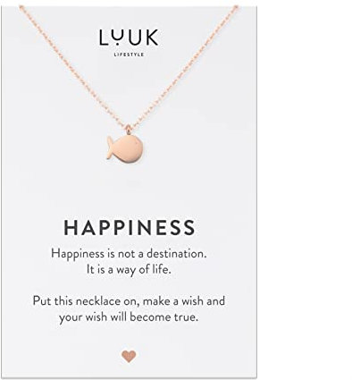 LUUK LIFESTYLE Collanina con ciondolo a balena I pesce e dedica HAPPINESS, acciaio inossidabile 50cm, portafortuna, rosa