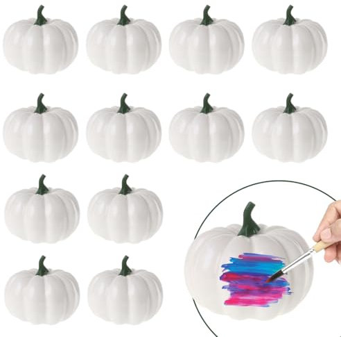 O-Kinee Kürbis Herbst Dekoration Draußen, 12 Stück DIY Kürbis Deko, Künstliche Pflanzen Kürbisse, Weiße Künstliche Kürbis für Herbstpartys Thanksgiving Halloween Dekoration Garten