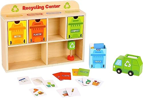 Tooky Toy Spielzeug Recycling Center TY635A aus Holz, Recyclinghof, Müllauto, Farbe:grün