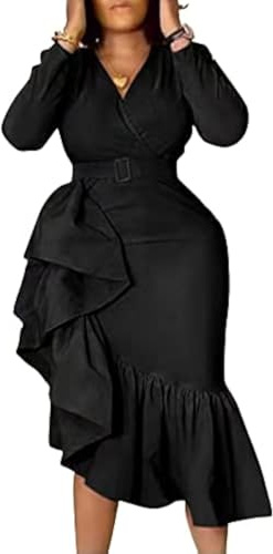 IWFEV Long Sleeve V-Neck Asymmetric Mid-Calf Women's Dress Bodycon Dress