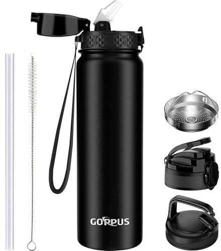 GOPPUS 1L/32oz Thermosflasche mit Strohhalm Doppelschicht Edelstahl Trinkflasche 1 Liter Isolierflasche Auslaufsicher Sport Wasserflasche Kohlensäure Water Bottle Trinkflaschen BPA-frei Wasser Flasche