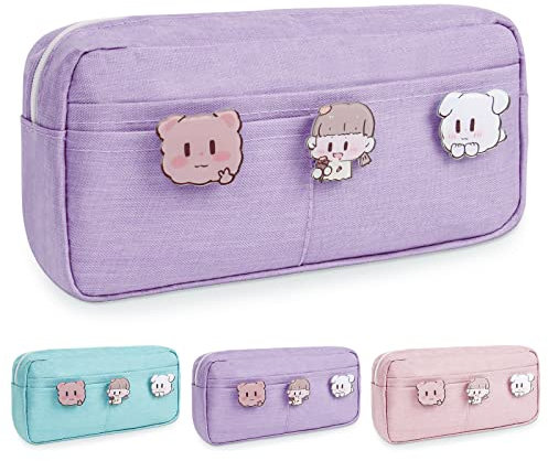 Vicloon Large Pencil Case, Expandable Pencil Case, Big Capacity Pencil Case Stationery Pen Bag Makeup Bag Middle School College Office Organizer with 3 Brooch for Student Teens Girls Adults (Purple)