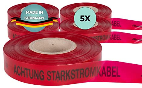 AWOTEX Trassenwarnband Starkstrom I 5 Rollen Erdkabel-Warnband für die Baustelle I 250 m Trassenband Strom I alterungs- & klimabeständig I umweltfreundliches Warnband rot