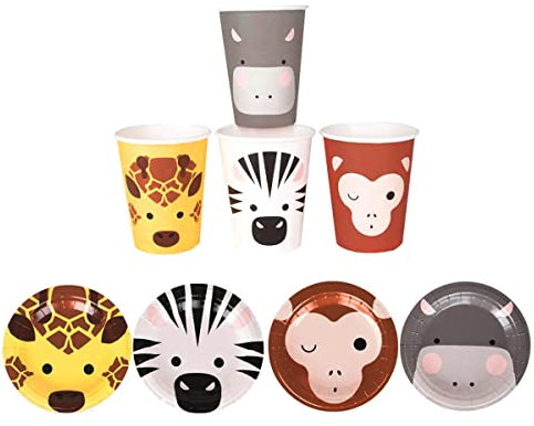 Macosa Safari Service de table 16 pièces pour anniversaire d'enfant Assiettes en carton et gobelets, assiettes en carton et assiettes de safari pour enfants Multicolore
