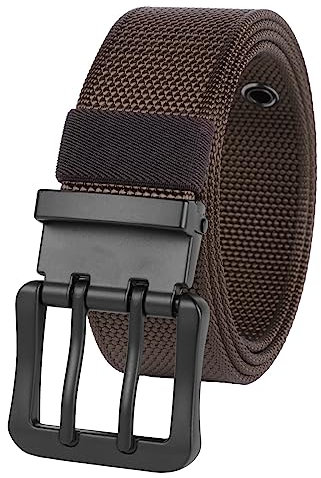 KYEYGWO Doppelloch Nylon Gürtel für Herren und Damen, Verstellbare Stoffgürtel Kürzbar Jeansgürtel Einfarbig Arbeitsgürtel mit Dornschließe, Breite ca. 3.7 cm, Braun