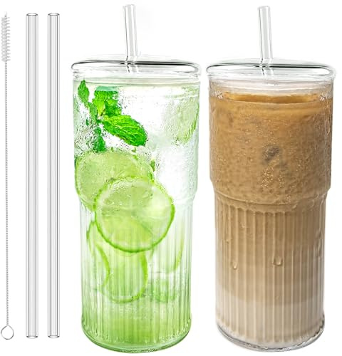 Luiaiog 20 oz Glass Cups with Lids and Straws, Ribbed, 2 Pack
