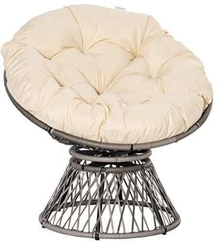 Outsunny Sillón Papasan Giratorio de Ratán Sintético Silla Ovalada de Mimbre PE con Cojín y Marco de Acero Carga 160 kg para Jardín Patio Terraza 87x97x90 cm Gris y Crema