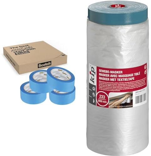 ScotchBlue Ruban de Masquage de Peinture Multi-Surfaces, 48 mm x 41 m, 4 Rouleaux & Kip – Masker avec ruban de masquage 233-25 – Ruban adhésif toilé avec bâche de protection