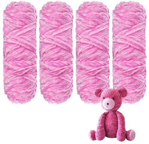 YINVA Chenille Wolle zum Häkeln 400g(4pcs×100g) Chenille Wolle Flauschige Wolle Velvet Weiche Plüschwolle Häkelwolle für Anfänger Dicke Wolle Zum Stricken-Rosa