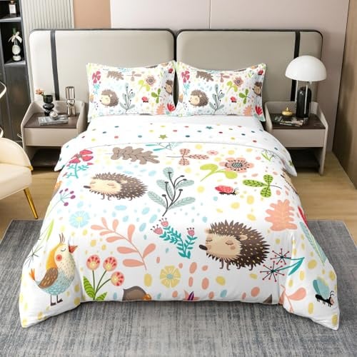 Homewish Baumwolle Nette Igel Bettbezug 135x200 Cartoon Tiere Blumen | Tröster Abdeckung für Kinder Kawaii Wildlife Florals Bettwäsche Set für Bett Grüne Blaue Vögel Schlafzimmer Dekor Bettbezug