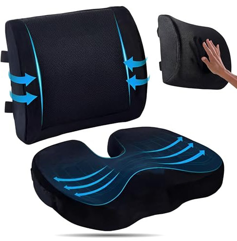 KIMSER Cojín Silla Oficina, Cojín Antiescaras, Cojín de Coxis para Oficina y Coche, Cojín Viscoelástico con Respaldo, Cojín Ortopédico, Ergonómico