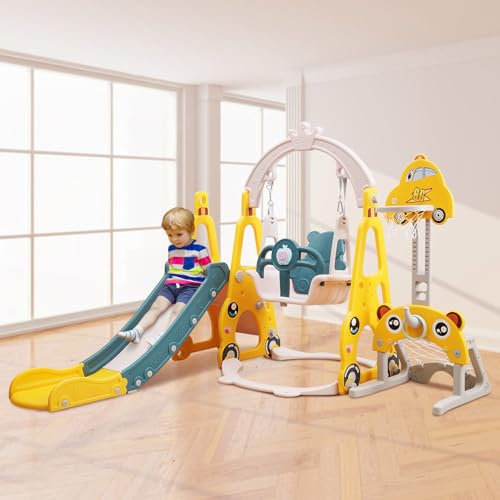 4 en 1 Toboggan Bebe, Toboggan Exterieur & Interieur Enfant, Toboggan pour Enfant avec Panier de Basketball, Escaliers, Toboggan Grand, pour Une Utilisation intérieure/extérieure