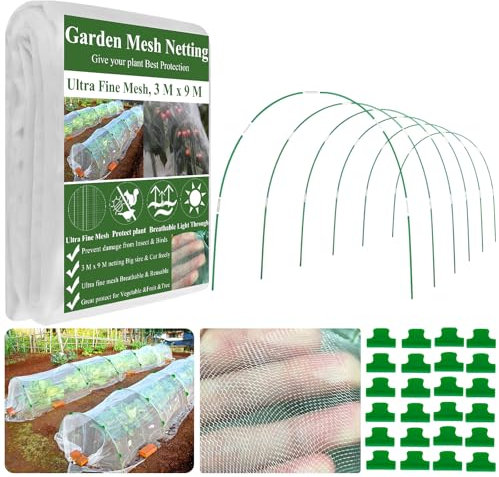WYRJXYB Garden Mesh Netting Hoops Kit,3 x 9M Ultra Fine Netting & 6 Sets Fiberglass Garden Hoops & 24 clip-Greenhouse Hoop Kit for Raised Bed Row Cover Plants Fruit Birds Animal Barrier Protection Net