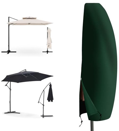 PATIO PLUS Housse de parasol pour parasol déporté de jardin, tissu polyéthylène imperméable, avec cordon de serrage réglable et fermeture éclair (vert, 265 x 40/70/50 cm)
