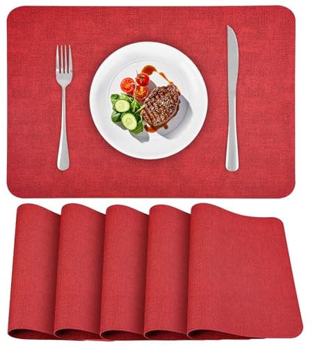 APLKER Tischsets Abwaschbar Leder, Doppelseitigen Platzset 6er Set rutschfest Platzdeckchen Leder Kunstleder Tischset, 40 x 30 cm Retro Rot