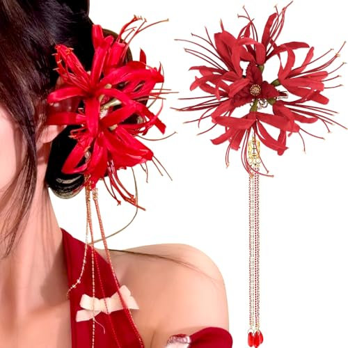 Pinzas para el pelo de flor de lirio de araña roja para mujer, pinzas de flores con borlas, accesorios para el cabello, clip floral de Lycoris Radiata, clip de pico de pato, bonitos pasadores