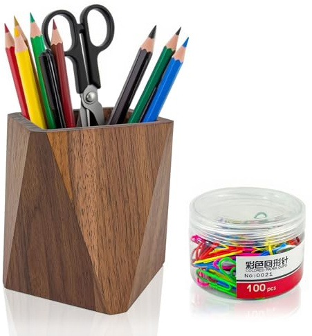 GZhaimai Stiftehalter Holz, Quadratisch Stifteköcher Walnuss, Stifte Organizer Eckig Holz für Büro Schreibware Make up Pinsel, mit Bunten Büroklammern