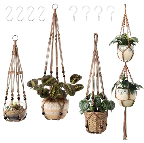 GEEKEO Makramee Blumenampel Hängend Innen, 4er Set Hängeampel mit Haken, Makramee Pflanzenhänger Innen Pflanzkorb Hängender, Boho Deko Baumwollseil Hängepflanzen Topf für Balkon Fenster Deko