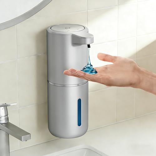 Fantictas Seifenspender Automatisch Wandbefestigung mit Sensor Infrarot,380ml Elektrischer Seifenspender ohne Bohren mit USB Wiederaufladbar,IPX5 Silber Plastik (Nicht strapazierloser Stahl)