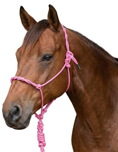Knotenhalfter Pferd, Trainingshalfter aus stabilem Seil, Rope Halfter Bodenarbeit, verstellbar, Pferdehalfter Pink Lila (Pink, Pony)