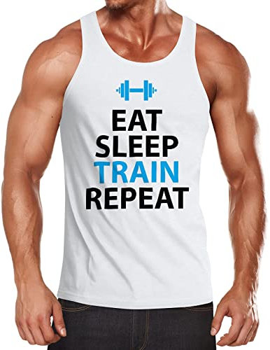MoonWorks Herren Tanktop, Eat Sleep Train Repeat, Bodybuilder Fitness Gym Training Muskelshirt weiß M