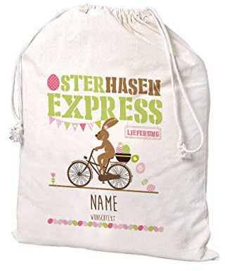 Herz & Heim® Geschenksack Osterhasen Express mit Wunschnamen und Wunschtext bedruckt