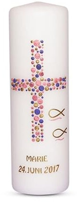 Taufkerze Kommunionkerze Mädchen Junge mit Name und Datum 25x8cm mm Taufe Kerze Kreuz-Kreise-2 Flieder Rosa Gold
