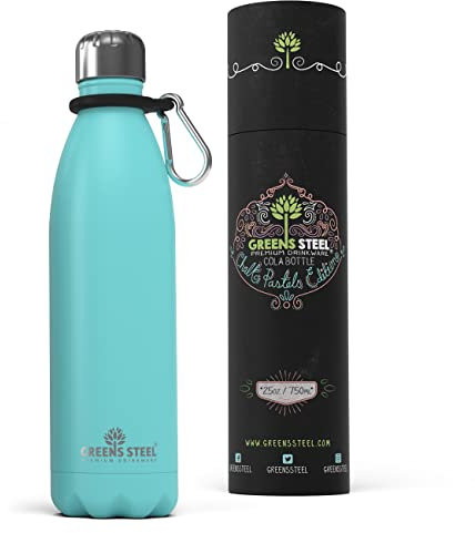 Greens Steel Botella de Agua en Acero Inoxidable - 750 ml, Azul I Aislado al Vacío de Doble Pared I Mosquetón y Caja de Regalo Incluidos I Reutilizable, a Prueba de Fugas para Adultos y Niños
