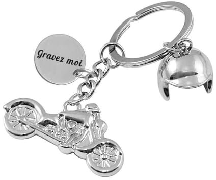 Porte-clés Casque Et Moto Argenté Gravure Personnalisée Sur Médaille Bijou Homme