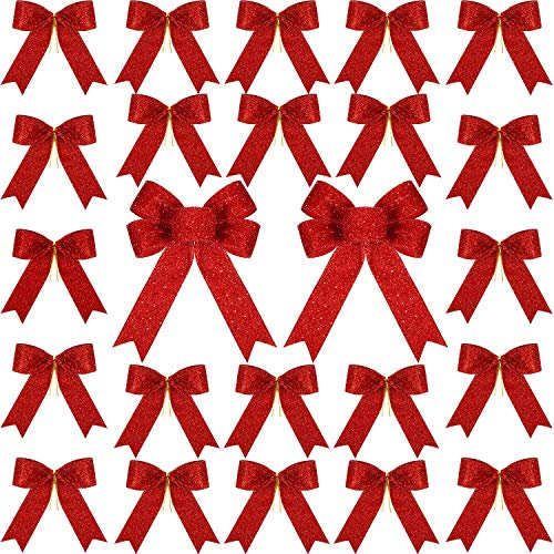 WILLBOND 24 Stücke Weihnachten Band Schleife Funkeln Bogen Weihnachtsbaum Bögen Party Dekoration Weihnachten Dekor Kranz Ornamente (Rot)
