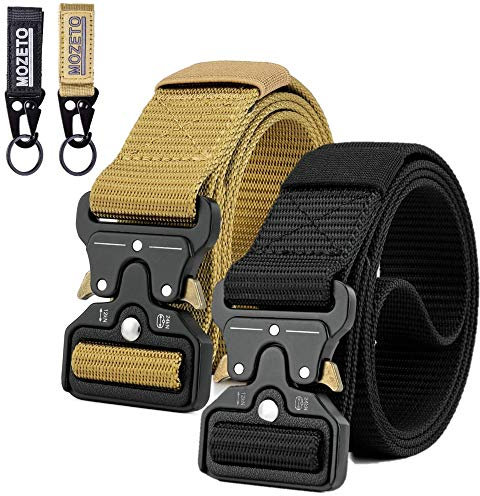 MOZETO Taktischer Gürtel, Unisex Militär Gürtel mit Schnellspanner Metallschnalle, Nylon Gürtel für Outdoor, Arbeit, Militär, Freizeit, Jagen - Gift Packaging,N. Schwarz+armee Gelb 2er pack,L-140cm
