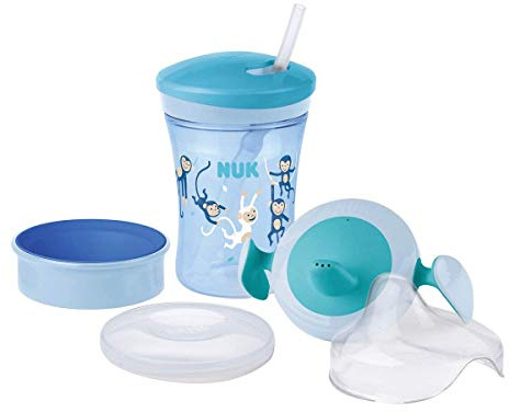 NUK 3-in-1 Trinklernset mit Trainer Cup Schnabeltasse (6+ Monate), Magic Cup 360° Trinklernbecher (8+ M) & Action Cup Trinkflasche Kinder (12+ M) | 230 ml | BPA-frei | Affe (blau)