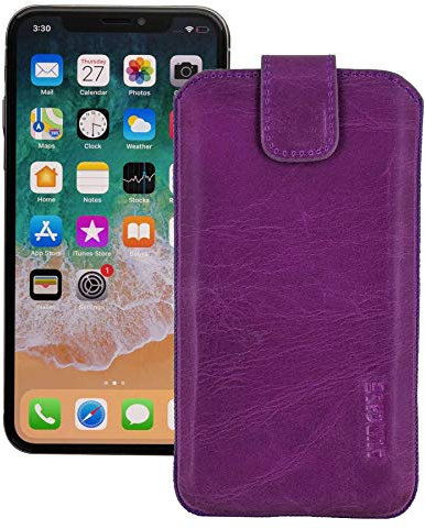 Suncase ECHT Leder Tasche kompatibel mit iPhone 12 Pro (6.1) mit ZUSÄTZLICHER Transparent Hülle | Schale | Silikon Bumper Handytasche (mit Rückzugsfunktion und Magnetverschluss) in antik lila