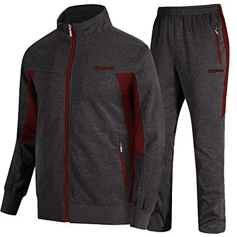 donhobo Herren Jogginganzug Trainingsanzug Sportanzug Fußball Sporthose Hoodie Hose für Gym Warm Tracksuit (02Dunkelgrau rot, L)