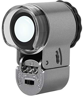 Loupe Bijoutier 60X/50X en Métal Pilable avec Lumière LED et UV - Grossissante Verre de Poche pour Inspection Bijou, Billets, Antiquités, Lecture - Scientifiques, Horloger