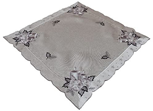 Tischdecke Mitteldecke Deckchen Tischläufer Kissenhülle Weihnachten grau Silber Bestickt mit Kerzen (60 x 60 cm)