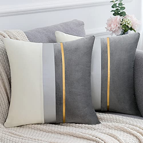 Samt Grau Kissenbezug Gold Streifen Minimalismus Stil Weicher Stoff Weiß und Grau Dekokissen für Jahreszeiten Warm Komfort Kissenhülle für Wohzimmer,Bett,Büro,Auto,Gartenm,50 * 50cm