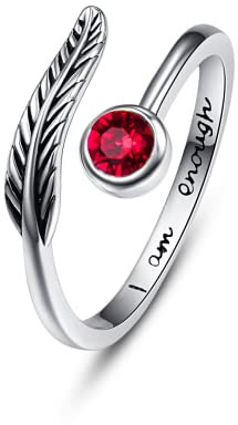 Geburtsstein Damen Verstellbarer Ring 925 Sterling silber Feder ring Birthstone Schmuck Geburtstag Geschenk für Frauen Mädchen (H-garnet)