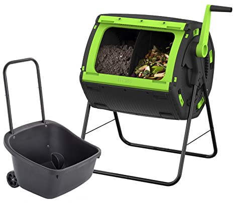 MAZE 48 Gallon Geared Two Compartment Compost Tumbler and MAZE Compost Cart
