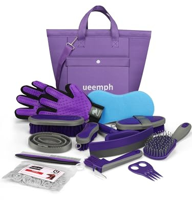Ueemph Pferdepflegeset (13-teilig): Bürsten, Aufbewahrungstasche, Schweißschaber, Mähnenkamm, Fellpflege-Handschuhe – Lila Pferde-Geschenke für Mädchen