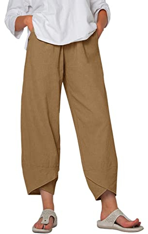 heekpek Pantaloni Donna Estivi Cotone Lino Leggeri Comodi Pantalone Casual Donna Larghi Tinta Unita Pantaloni Spiaggia 9/10 Lunghezza, Cachi, L