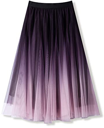 Damen Tüllröcke Midi Elastische Hohe Taille Plissee Mesh Flowy A-Linie Party Lange Tutu Röcke…, Farbverlauf lila, L