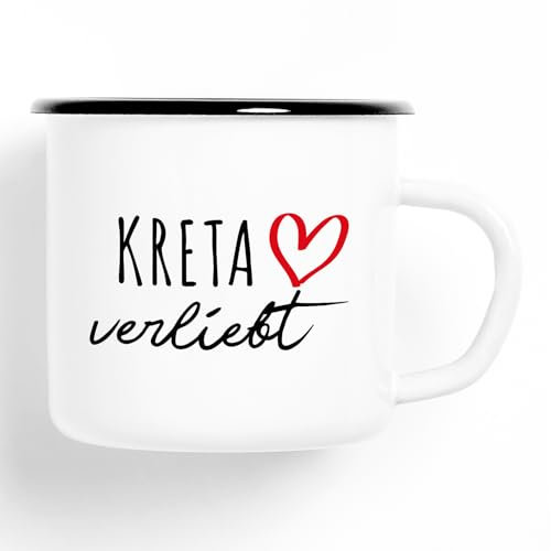 Huuraa Emaille Tasse Kreta verliebt Geschenk 300ml Vintage Emaille Becher Kreta Geschenkidee