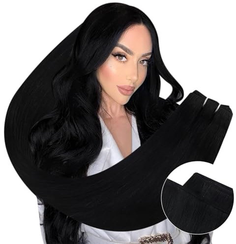 Ugeat Tressen Extensions Echthaar 60cm lange Länge Schwarz #1 Echthaar Tressen zum Einnähen Extensions Echthaar Weft Schwarz 105g für Party