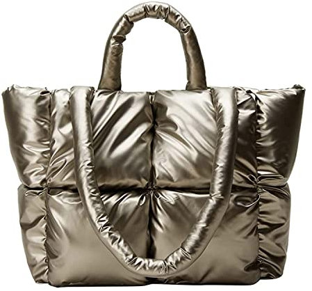 Große gesteppte Puffer-Tragetasche für Damen, weich gepolstert, Daunen, Winterhandtasche, Schultertasche, Kissen, Shopper, Bronze-M, Large