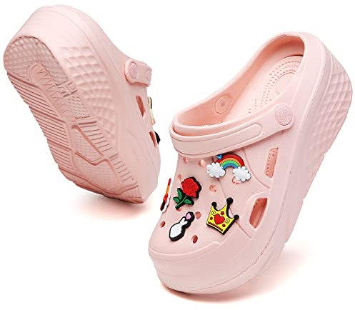 Platform Clogs pour Dames Sabots de Loisirs et vêtements de Sport Tongs de Sanitaire avec Charms Chaussons de Wedge Rose,38