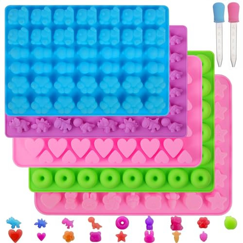 5Pcs Silicone Gummy Candy Molds, Small Jelly Moulds, Nonstick Food Grade Mold, Cute Chocolate Moulds, Mould For Wax Melts with Dropper, Including Dinosaur, Hearts, Bear Shape, Paw, Vegetable and Fruit